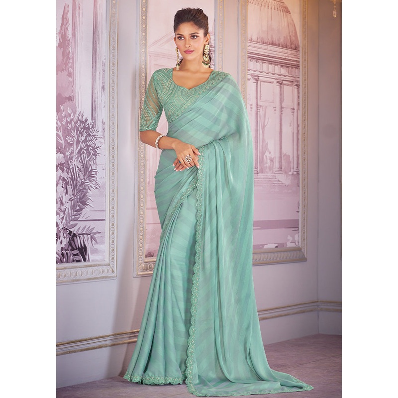 Green Chiffon Silk Saree With Blouse Piece - JD986598433