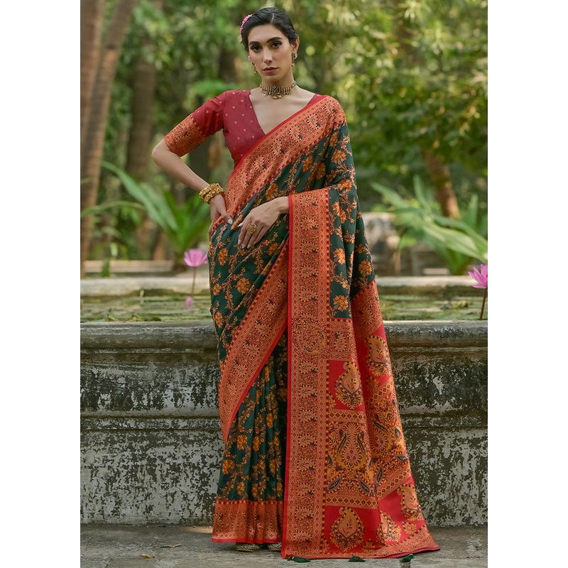 Green Pasmina Silk Saree With Blouse Piece - JD986598541