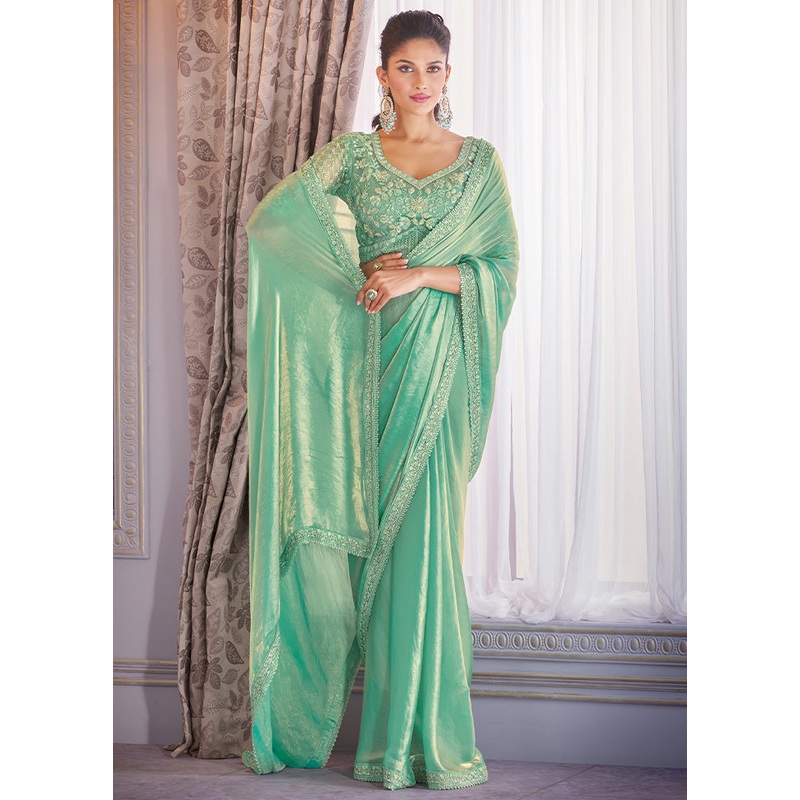 Green Satin Silk Saree With Blouse Piece - JD986598430