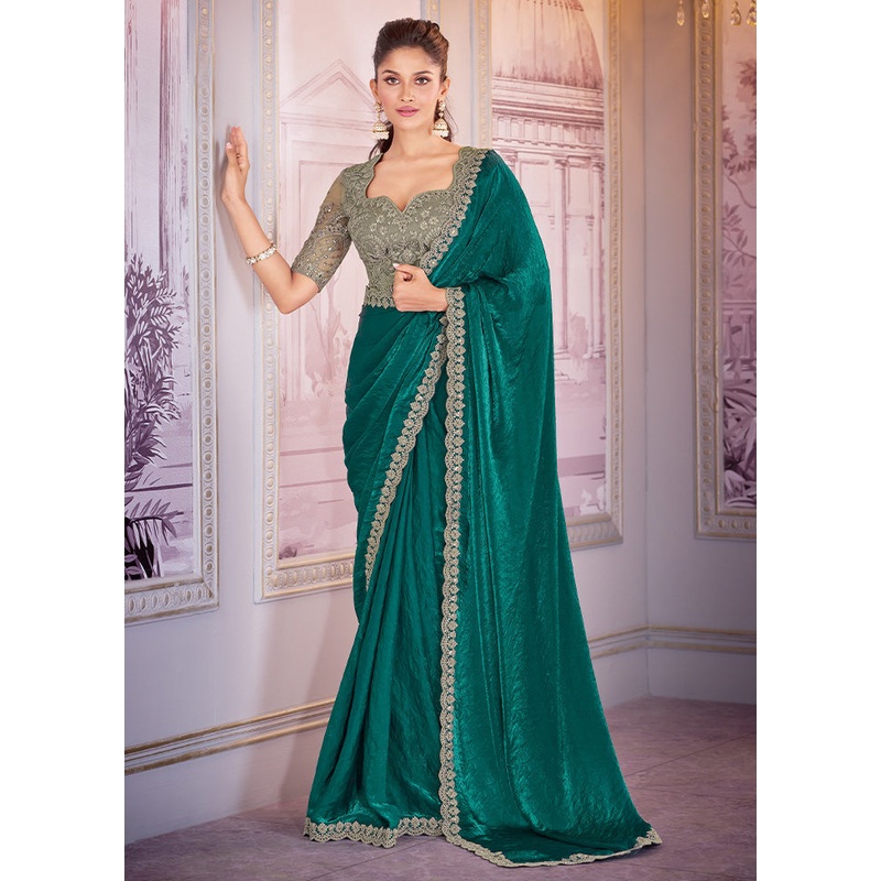 Green Satin Silk Saree With Blouse Piece - JD986598431