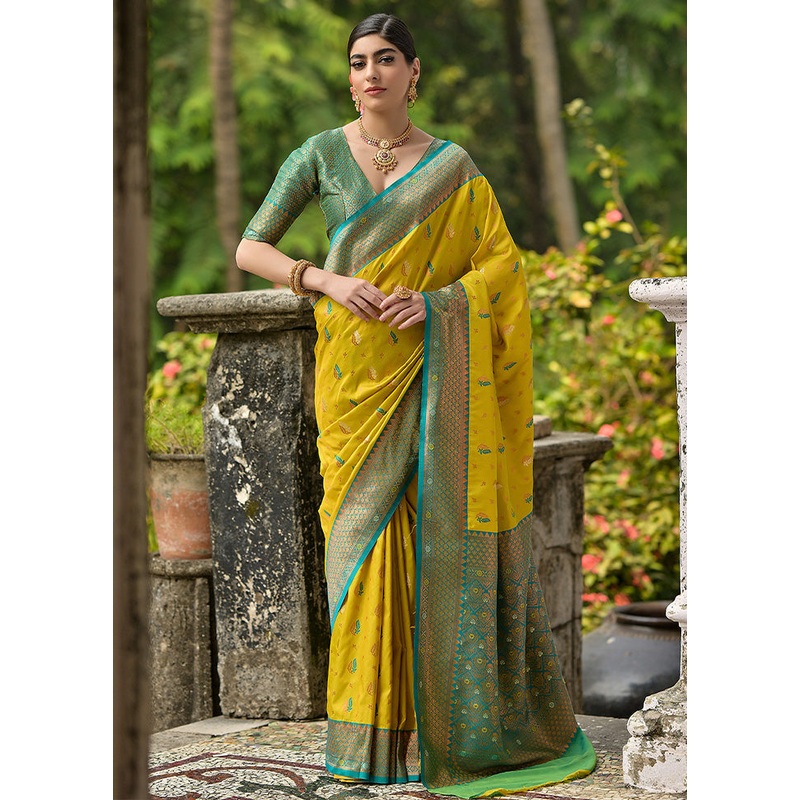 Lemon Banarasi Silk Saree With Blouse Piece - JD986598540