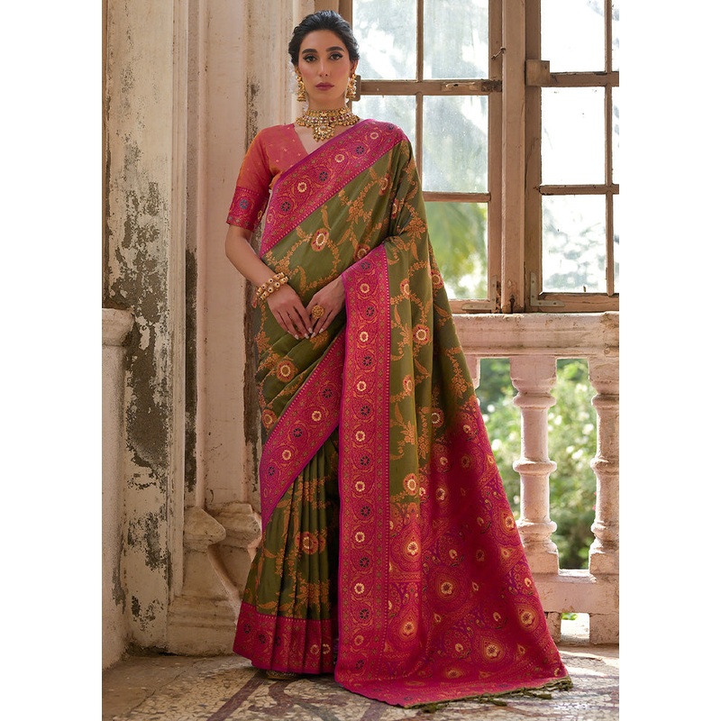Mehendi Banarasi Silk Saree With Blouse Piece - JD986598539