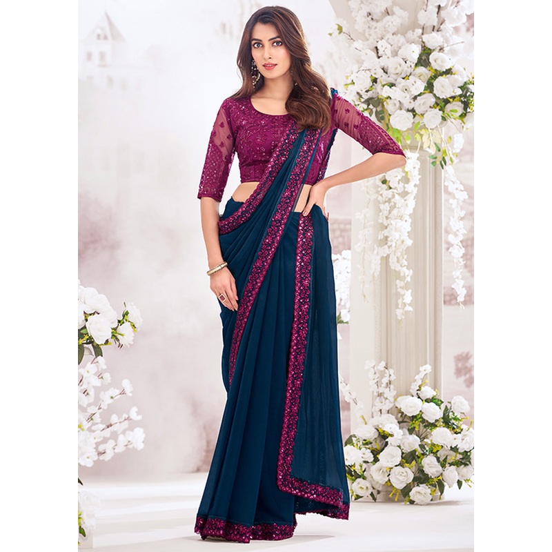Navy Blue Chiffon Silk Saree With Blouse Piece - JD986598427