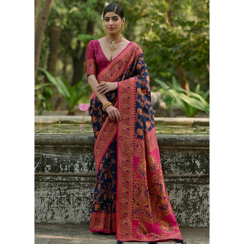 Navy Blue Pasmina Silk Saree With Blouse Piece - JD986598537