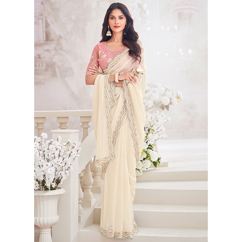 Off White Chiffon Silk Saree With Blouse Piece - JD986598426