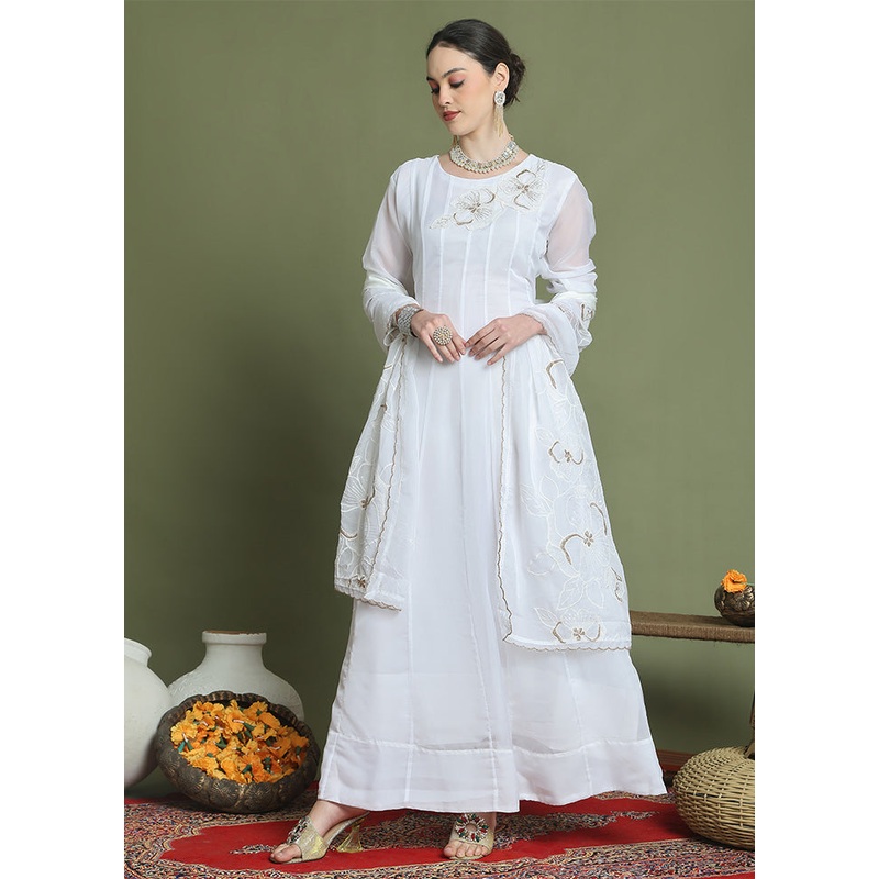 Off White Readymade Silk Dupatta Indian Dress - JD986598514
