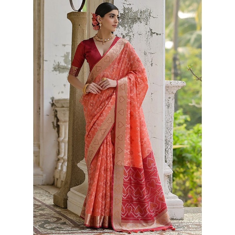 Peach Spun Silk Saree With Blouse Piece - JD986598536