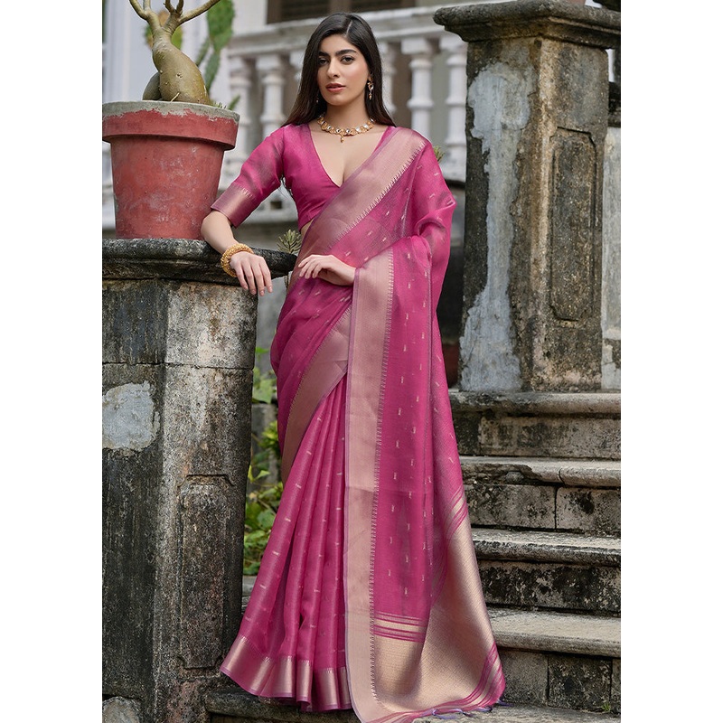Pink Tussar Silk Saree With Blouse Piece - JD986598531