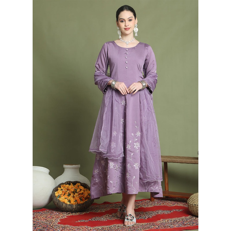 Purple Readymade Silk Dupatta Indian Dress - JD986598513