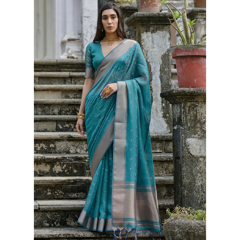 Rama Tussar Silk Saree With Blouse Piece - JD986598524