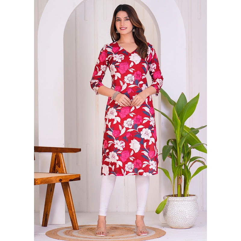 Red Readymade Rayon Kurti - JD986598481