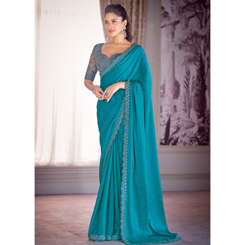 Sea Blue Satin Silk Saree With Blouse Piece - JD986598422