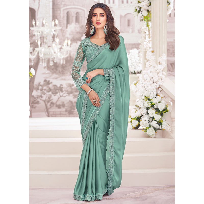 Teal Green Satin Silk Saree With Blouse Piece - JD986598421