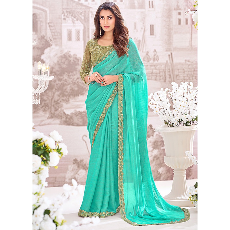 Turquoise Georgette Saree With Blouse Piece - JD986598420