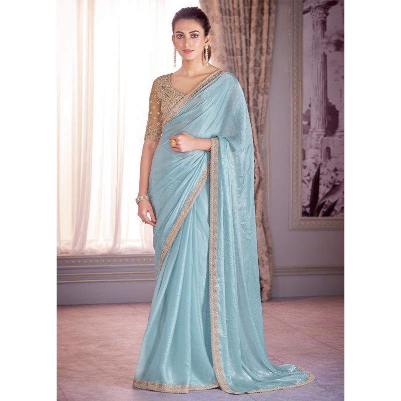Turquoise Satin Silk Saree With Blouse Piece - JD986598419