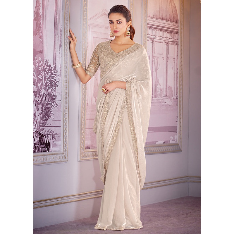White Satin Silk Saree With Blouse Piece - JD986598418