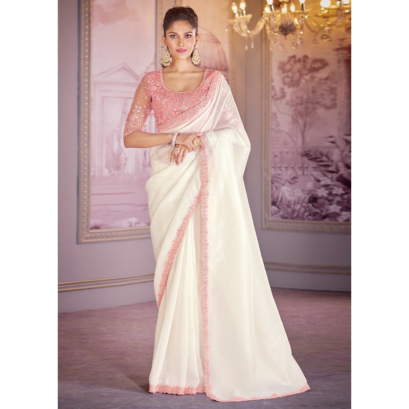 White Spun Silk Saree With Blouse Piece - JD986598417