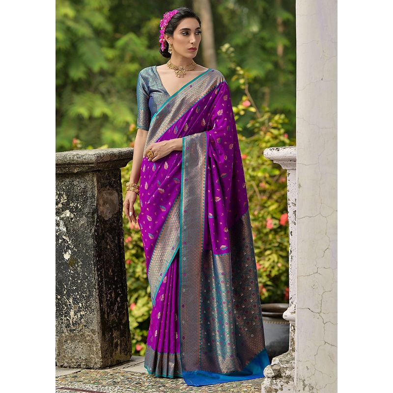 Wine Banarasi Silk Saree With Blouse Piece - JD986598521