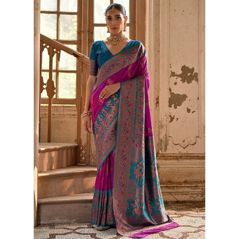 Wine Banarasi Silk Saree With Blouse Piece - JD986598522