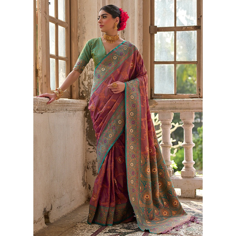 Wine Banarasi Silk Saree With Blouse Piece - JD986598523