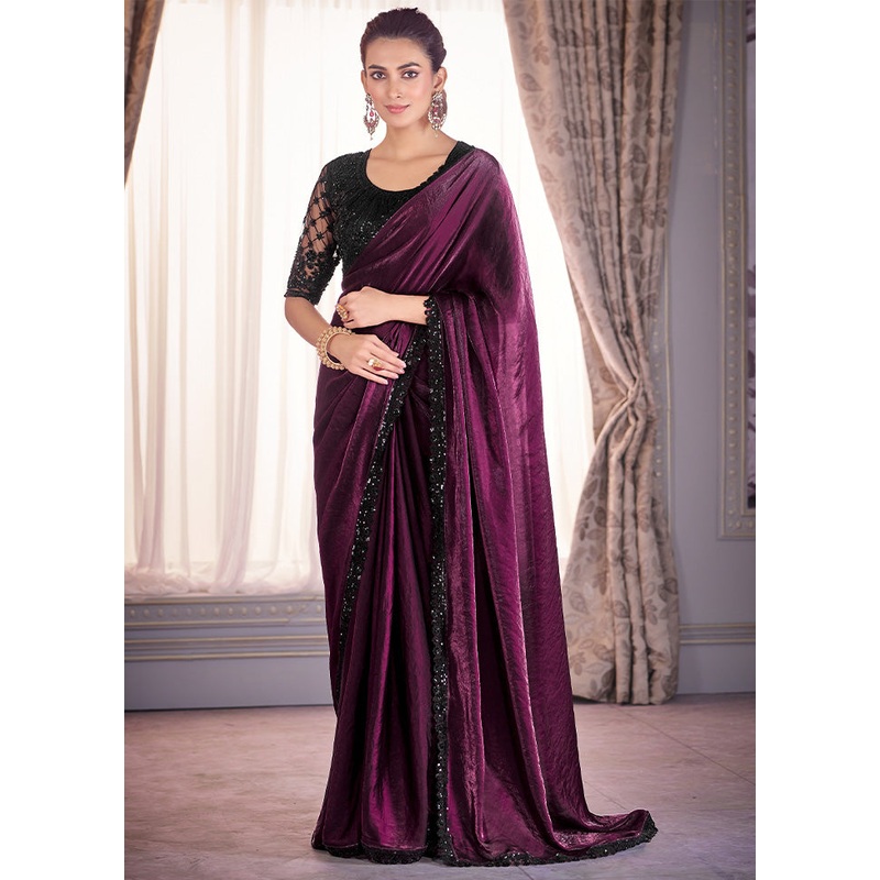 Wine Satin Silk Saree With Blouse Piece - JD986598416