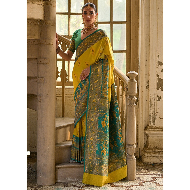 Yellow Banarasi Silk Saree With Blouse Piece - JD986598520