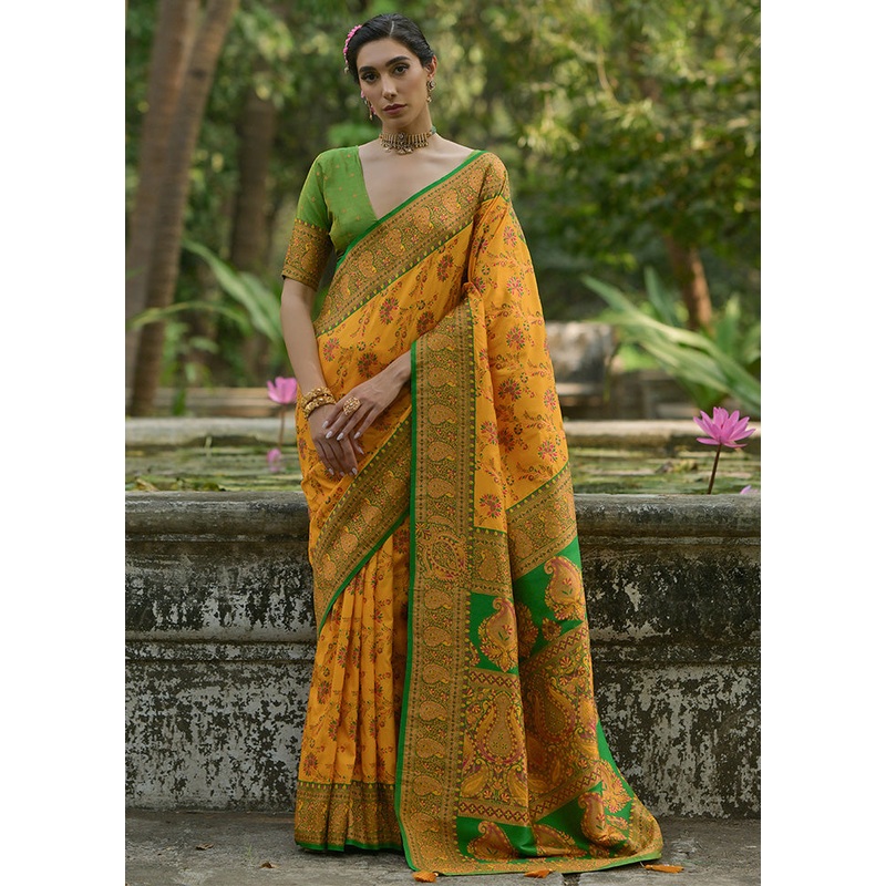 Yellow Pasmina Silk Saree With Blouse Piece - JD986598519