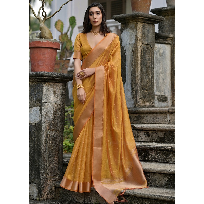 Yellow Tussar Silk Saree With Blouse Piece - JD986598517