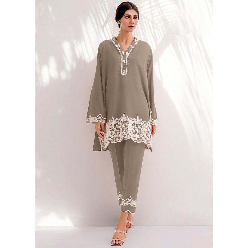 2 Pc Grey Readymade Chanderi Kurti Set - JD986598317