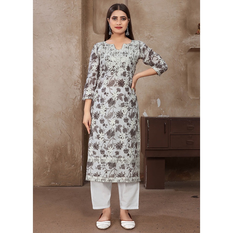 2 Pc Grey Readymade Cotton Kurti Set - JD986598316