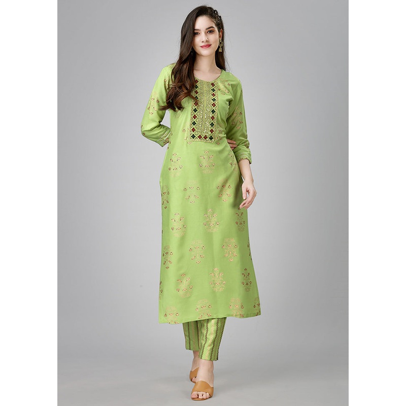 2 Pc Parrot Green Readymade Rayon Kurti Set - JD986598315