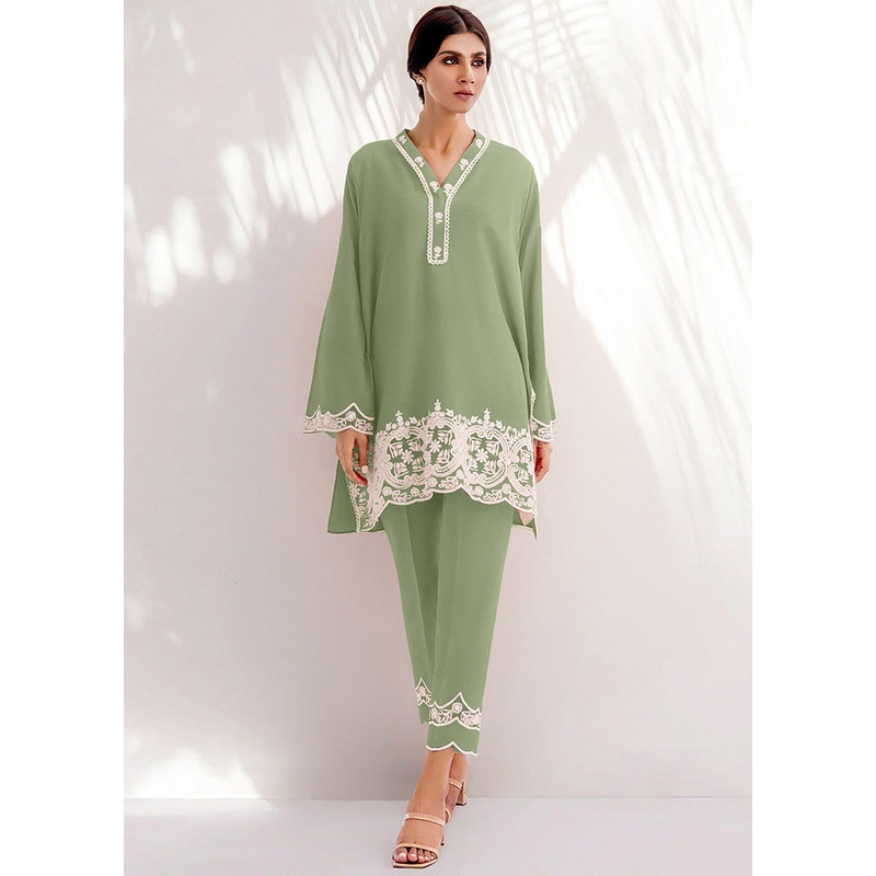 2 Pc Pista Green Readymade Chanderi Kurti Set - JD986598312