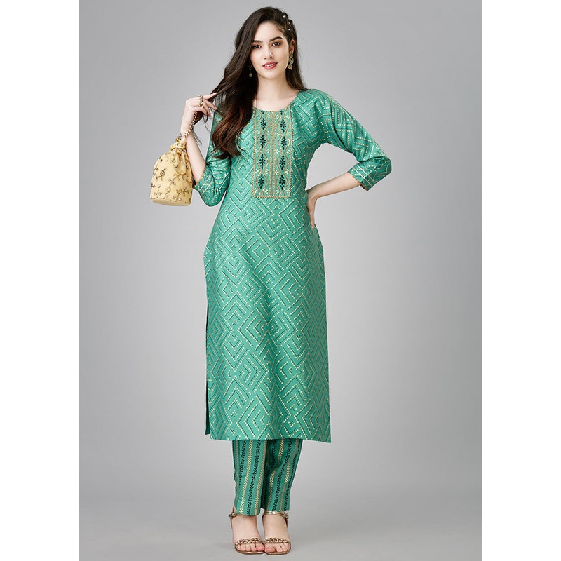 2 Pc Pista Green Readymade Rayon Kurti Set - JD986598311