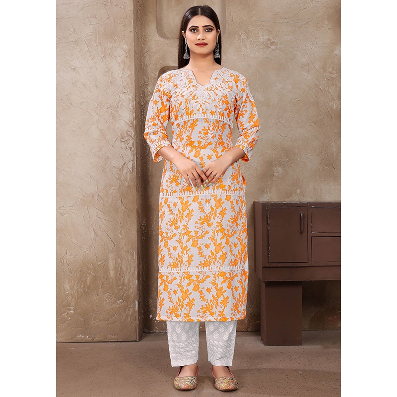 2 Pc Yellow Readymade Cotton Kurti Set - JD986598306