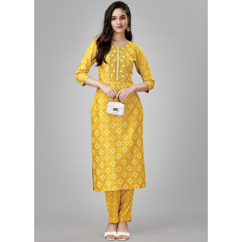 2 Pc Yellow Readymade Rayon Kurti Set - JD986598305