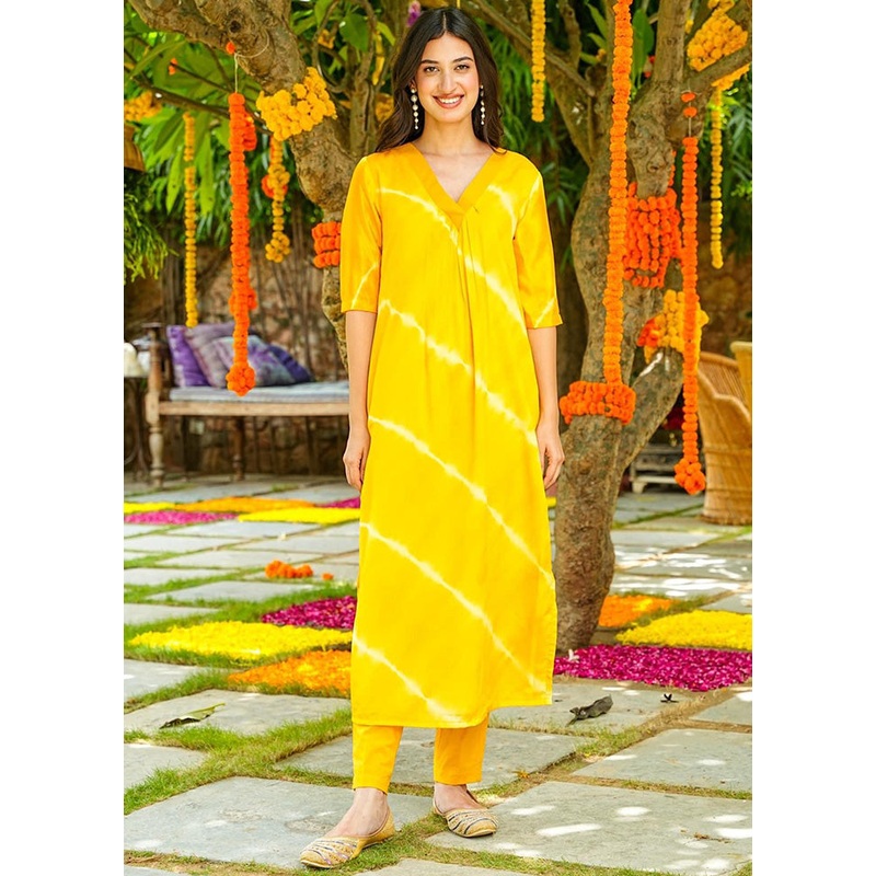 2 Pc Yellow Readymade Silk Kurti Set - JD986598304