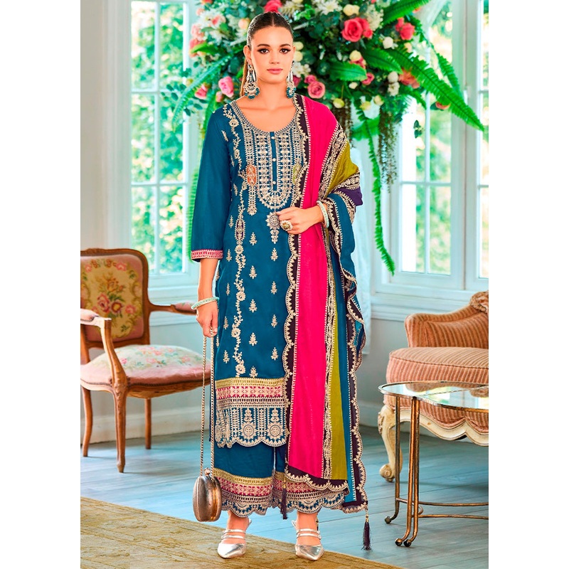 3 Pc Aqua Semi Stitched Silk Suit Set - JD986598278