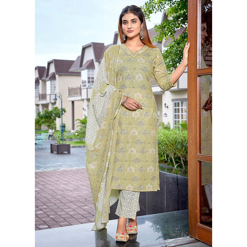 3 Pc Beige Readymade Cotton Suit Set - JD986598263