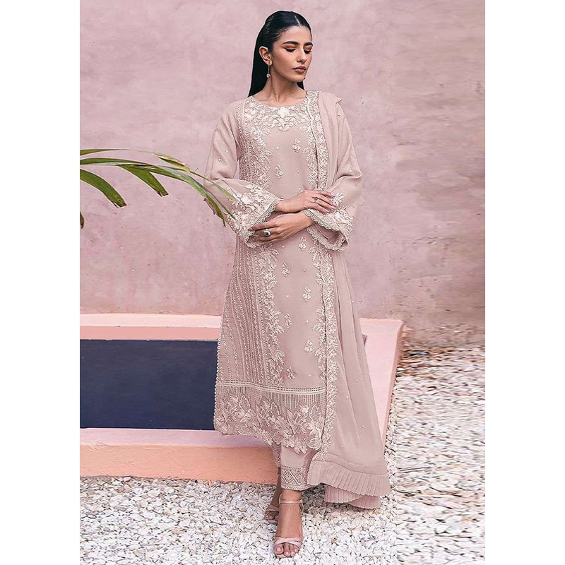 3 Pc Beige Semi Stitched Georgette Suit Set - JD986598277
