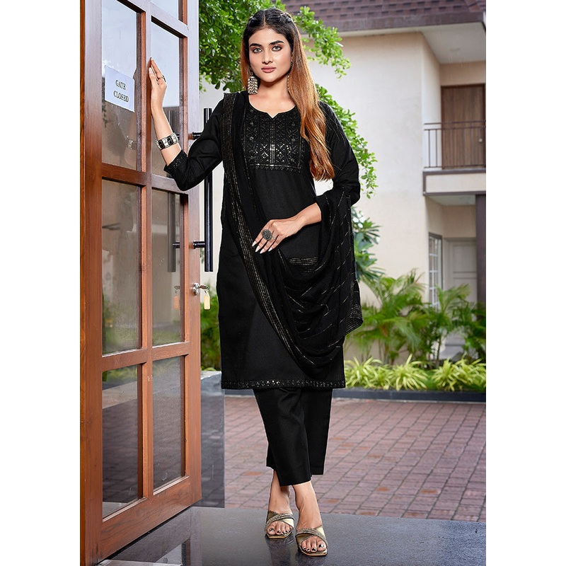 3 Pc Black Readymade Cotton Suit Set - JD986598262