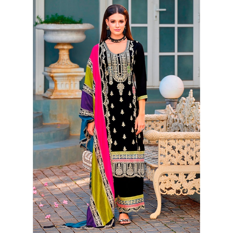 3 Pc Black Semi Stitched Silk Suit Set - JD986598276