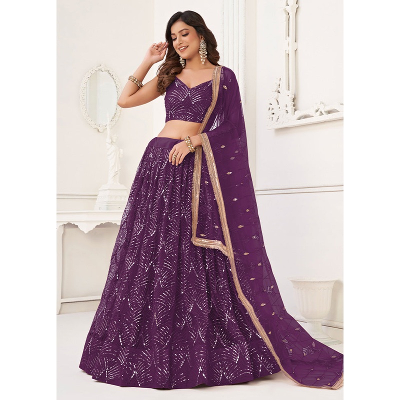 3 Pc Wine Net Semi Stitched Lehenga Set - JD986598348