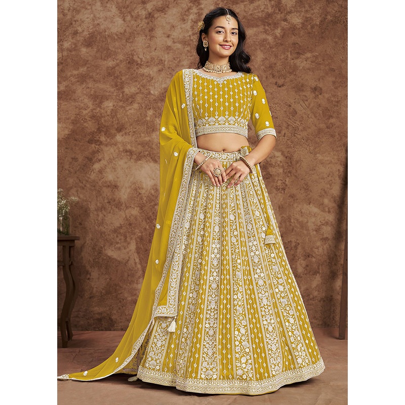 3 Pc Yellow Georgette Semi Stitched Lehenga Set - JD986598347