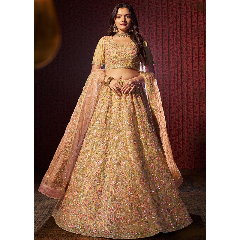 3 Pc Yellow Net Semi Stitched Lehenga Set - JD986598345