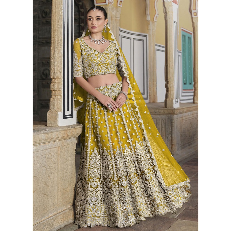 3 Pc Yellow Net Semi Stitched Lehenga Set - JD986598346