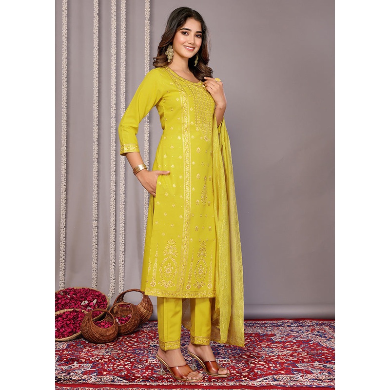 3 Pc Yellow Readymade Cotton Suit Set - JD986598227