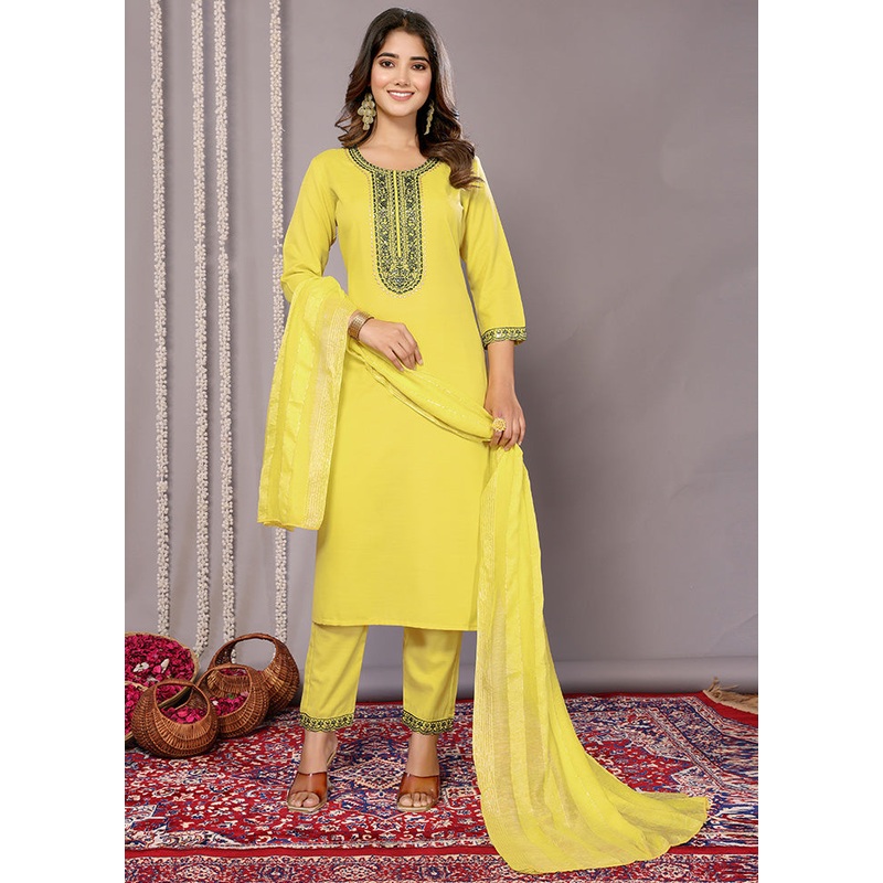 3 Pc Yellow Readymade Cotton Suit Set - JD986598228