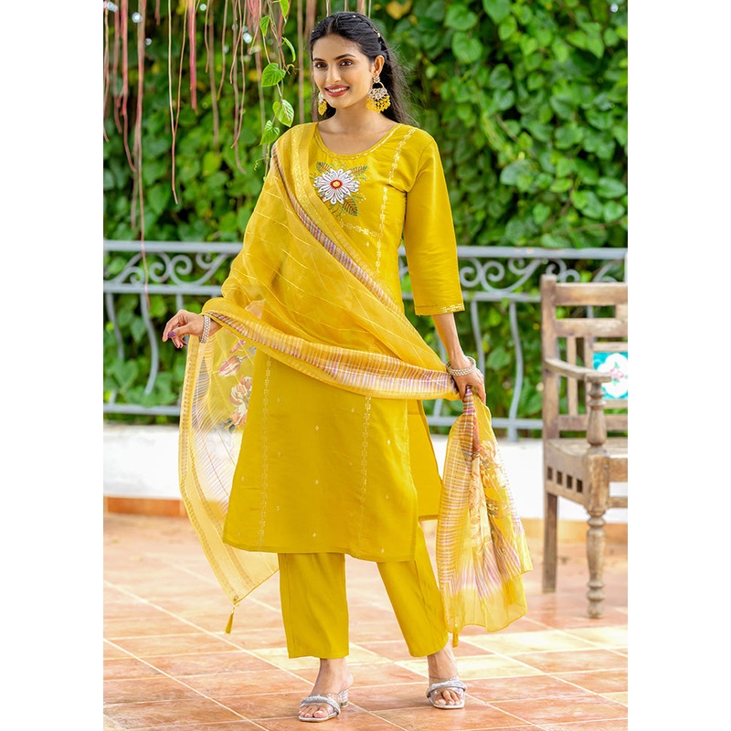 3 Pc Yellow Readymade Silk Suit Set - JD986598285