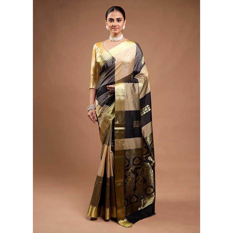 Black Kanjivaram Silk Saree With Blouse Piece - JD986598206
