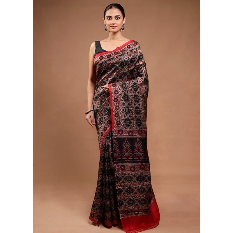 Black Printed Pure Silk Saree Without Blouse Piece - JD986598205